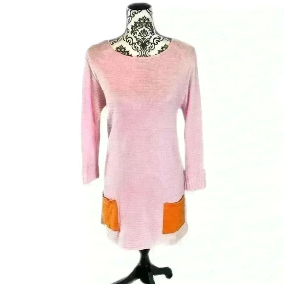 Margret Winters 100% Cotton Pink Shift Dress w/ Orange Pockets Artisan Knit Mod - Picture 3 of 12